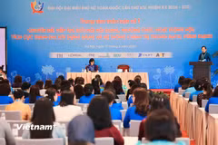 Phiên thảo luận ngày 17/6 nằm trong khuôn khổ chương trình Đại hội Phụ nữ toàn quốc lần thứ XIV. (Ảnh: Hoài Nam/Vietnam+)