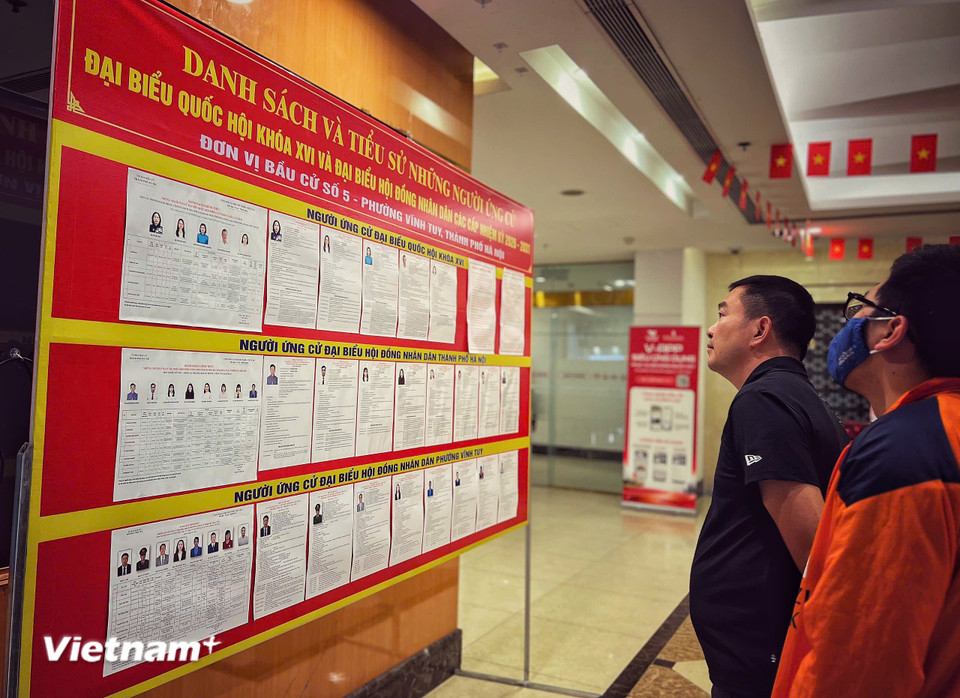 Điểm bầu cử tại phòng sinh hoạt cộng đồng tổ 41B, tòa chung cư Park 10 khu đô thị Times City. (Ảnh: Mai Mai/Vietnam+)