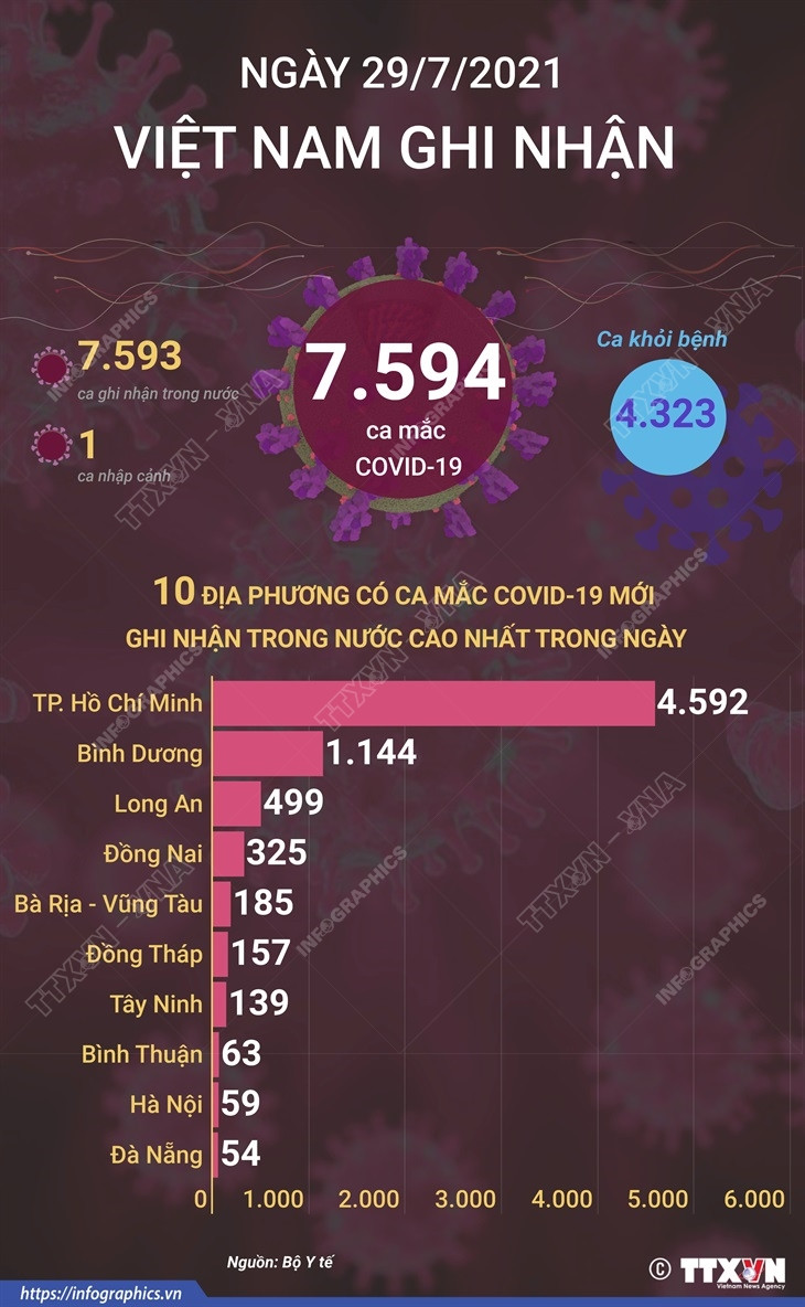 [Infographics] Ngày 29/7, Việt Nam ghi nhận 7.594 ca mắc COVID-19 ảnh 1