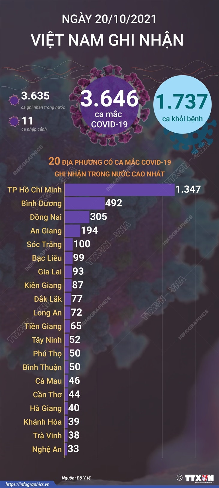 Ngày 20/10, Việt nam có 3.646 ca mắc COVID-19, 1.737 ca khỏi bệnh ảnh 1