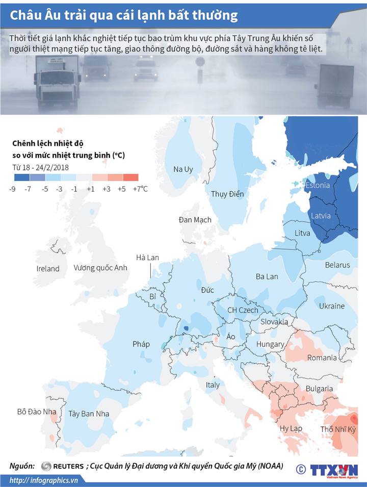 [Infographics] Các nước châu Âu trải qua đợt giá lạnh bất thường ảnh 1
