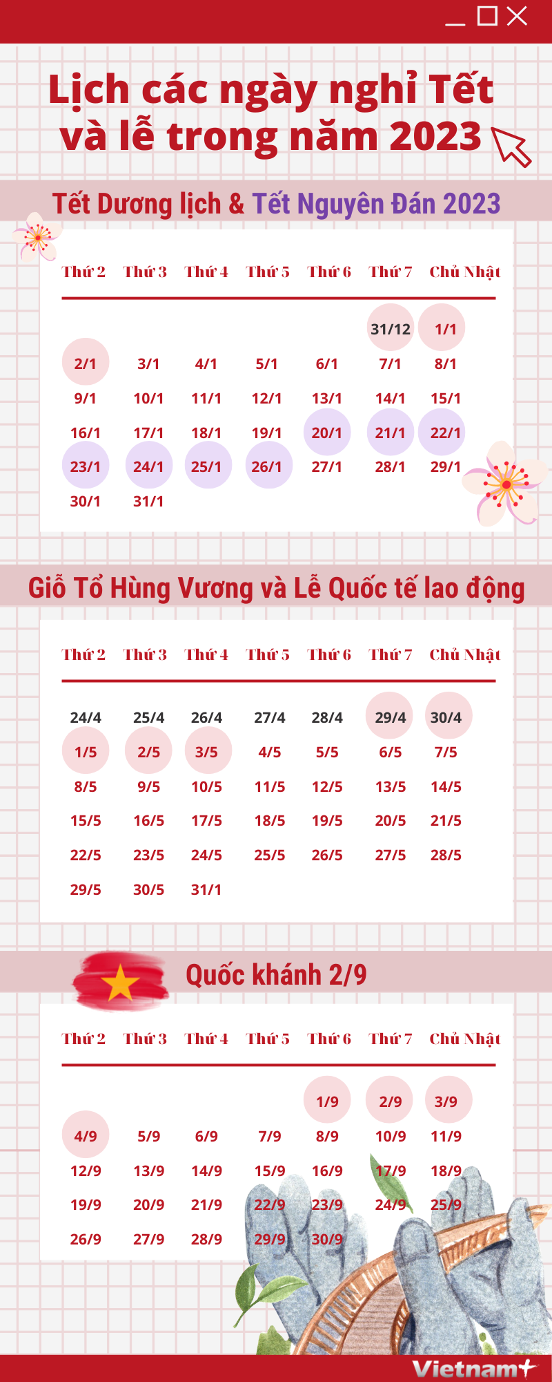 [Infographics] Lịch các ngày nghỉ Tết và lễ trong năm 2023 ảnh 1