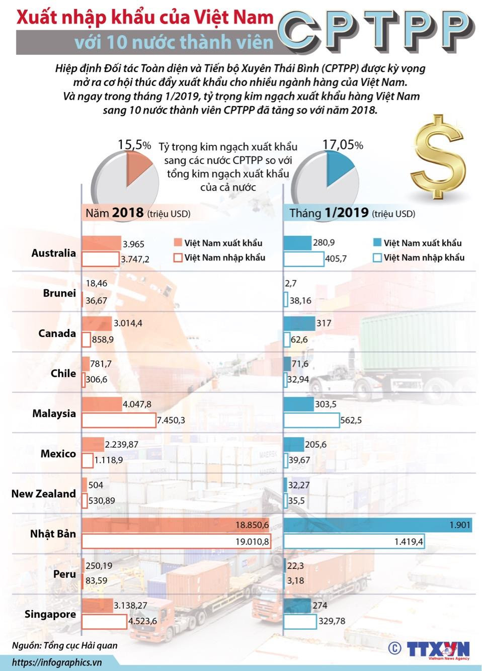 [Infographics] Xuất nhập khẩu Việt Nam với 10 nước thành viên CPTPP ảnh 1