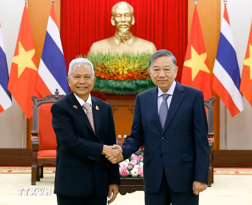 Tổng Bí thư, Chủ tịch nước Tô Lâm tiếp Chủ tịch Quốc hội kiêm Chủ tịch Hạ viện Thái Lan Sophon Zaram. (Ảnh: Thống Nhất/TTXVN)
