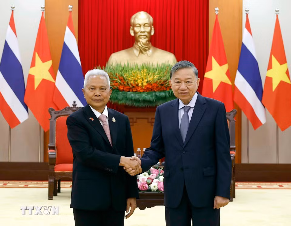 Tổng Bí thư, Chủ tịch nước Tô Lâm tiếp Chủ tịch Quốc hội kiêm Chủ tịch Hạ viện Thái Lan Sophon Zaram. (Ảnh: Thống Nhất/TTXVN)