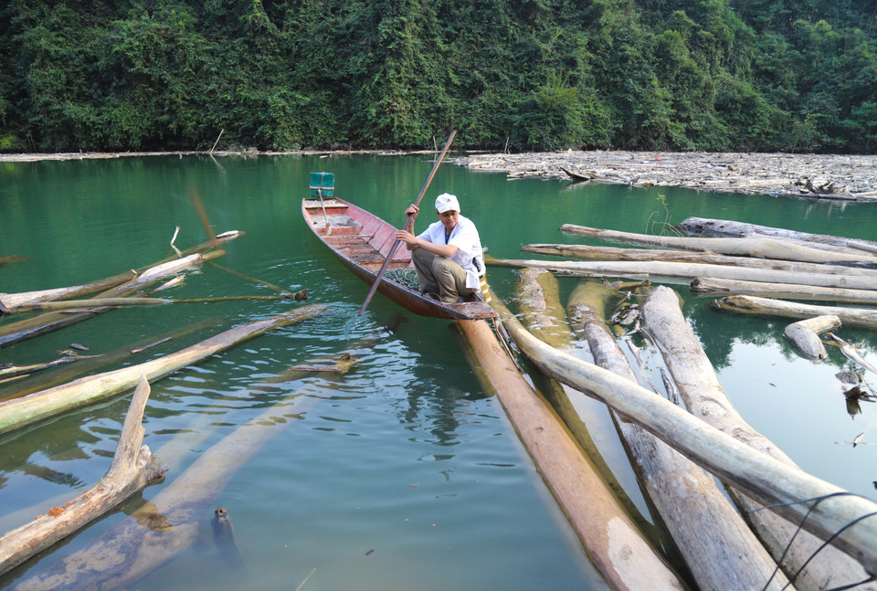Một điểm người dân kéo gỗ, tập kết lên bờ sông Nậm Nơn để sơ chế thân gỗ, cưa xẻ thành tấm trước khi vận xuất khỏi hiện trường, đưa về bản làng phục vụ nhu cầu dân sinh, làm nhà, công trình phụ, chuồng trại chăn nuôi. (Ảnh: Xuân Tiến/TTXVN)