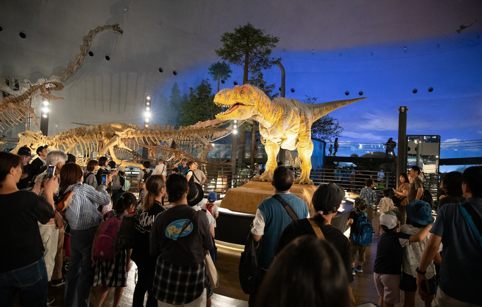 Mô hình khủng long bạo chúa có thể cử động là điểm nhấn tại gian trưng bày tầng một. (Ảnh: Xuân Giao/TTXVN)