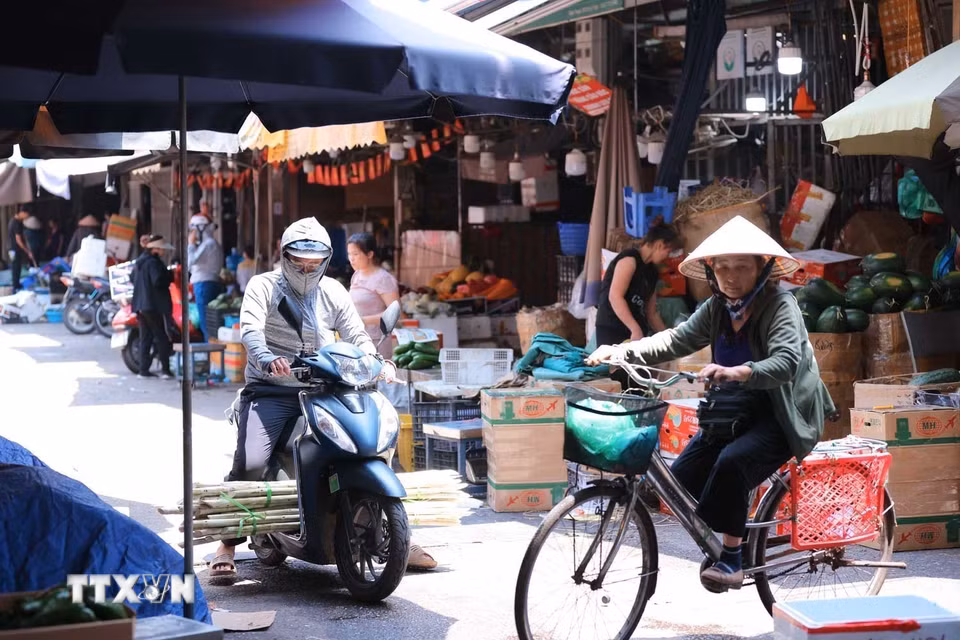 Các cửa hàng bán mía tại chợ Đồng Xuân làm việc hết công suất khi nền nhiệt tăng cao. (Ảnh: Hoàng Hiếu/TTXVN)