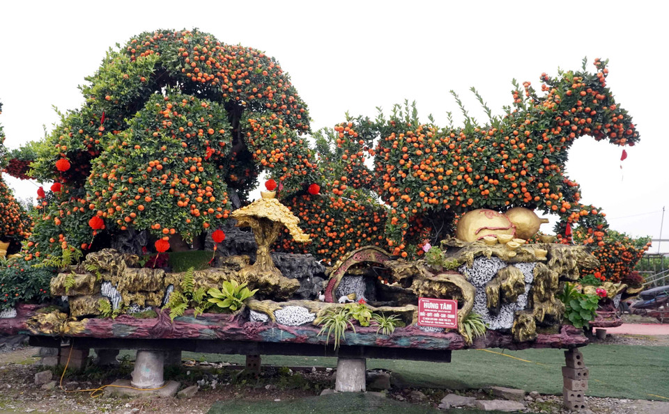 Nhà vườn Hưng Tâm ở xã Mễ Sở (Hưng Yên) tạo nhiều tác phẩm đặc sắc: "Mã đáo thành công" với tạo hình 8 chú ngựa đang phi nước đại, "Nhất mã phi thiên" và "Vinh quy bái tổ". (Ảnh: Nguyễn Công Hải/TTXVN)