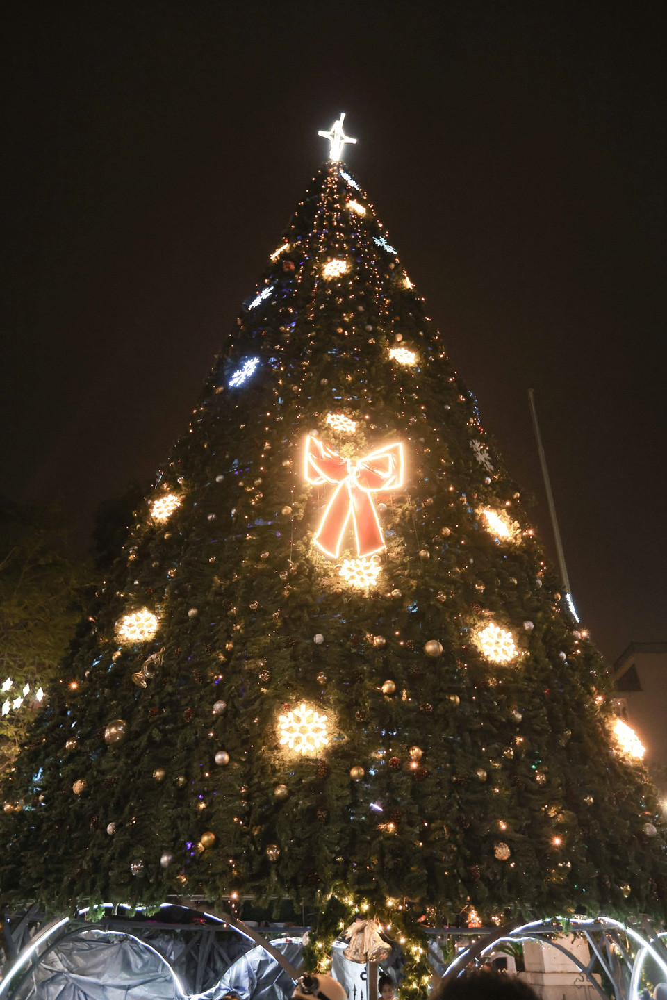 Cây thông Noel trước cửa Nhà thờ Lớn Hà Nội với chiếc nơ lớn rực sáng. (Ảnh: Hoàng Hiếu/TTXVN)