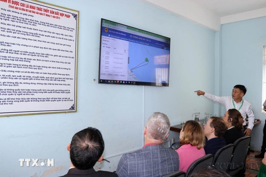 Đoàn Ủy ban Chính sách Đối ngoại của Quốc hội Đan Mạch thăm Cảng cá Thuận An ở thành phố Huế và làm việc tại Văn phòng Ban quản lý cảng cá để tìm hiểu về công tác chống khai thác hải sản bất hợp pháp, không báo cáo và không theo quy định (IUU). (Ảnh: Đỗ Trưởng/TTXVN)