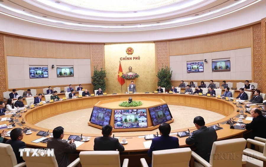 Phiên họp lần thứ 12 của Ban Chỉ đạo quốc gia về IUU dưới hình thức trực tiếp, kết hợp trực tuyến với 28 địa phương ven biển (Hà Nội, 14/01/2025). (Ảnh: Văn Điệp/TTXVN)