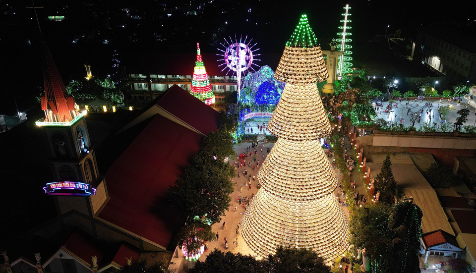 Cây thông nón lá được thắp sáng suốt mùa Giáng sinh 2024, phục vụ nhu cầu tham quan và chiêm ngưỡng của khách du lịch. (Ảnh: Lê Xuân/TTXVN)