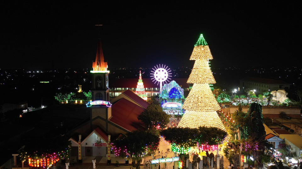 Cây thông nón lá cao gần 40 mét tạo điểm nhấn đặc sắc của nhà thờ giáo xứ Hà Phát, thành phố Biên Hòa, Đồng Nai. (Ảnh: Lê Xuân/TTXVN)