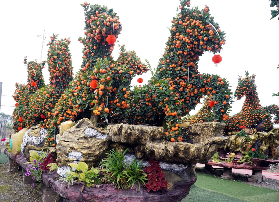 Tác phẩm "Mã đáo thành công" với tạo hình 8 chú ngựa đang phi nước đại của nhà vườn Hưng Tâm ở xã Mễ Sở (Hưng Yên) nặng 15 tấn, dài 8,6m, rộng 2,2m, cao 2,6m. (Ảnh: Nguyễn Công Hải/TTXVN)