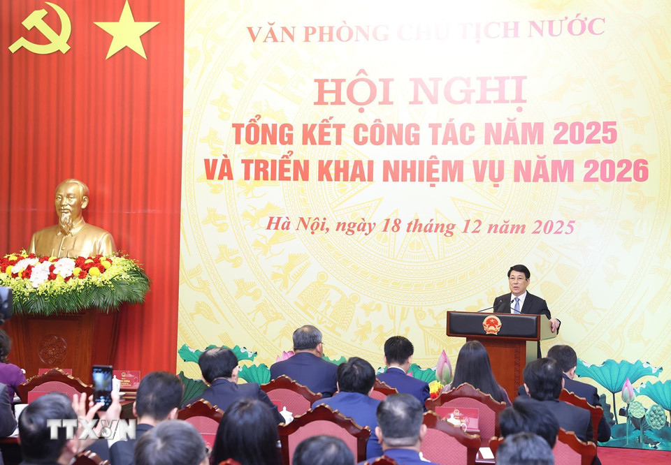 Chủ tịch nước Lương Cường phát biểu chỉ đạo. (Ảnh: Lâm Khánh/TTXVN)