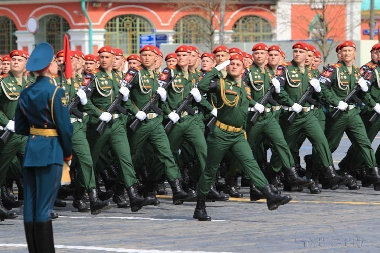 Quân nhân Nga trong buổi tổng duyệt chuẩn bị cho Lễ duyệt binh kỷ niệm 77 năm Chiến thắng phátxít (Nga, 07/05/2022). (Ảnh: Trần Hiếu/TTXVN)