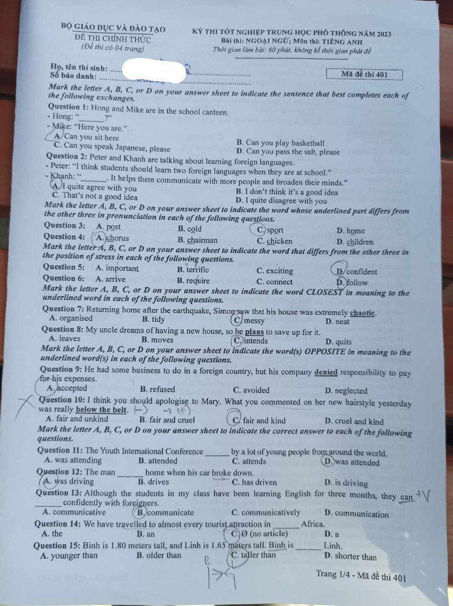 Đề thi môn Ngoại ngữ Kỳ thi Tốt nghiệp Trung học phổ thông ảnh 2
