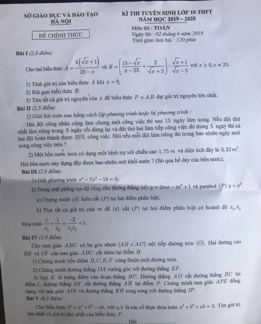 Hướng dẫn giải đề thi môn Toán tuyển sinh vào lớp 10 tại Hà Nội ảnh 1