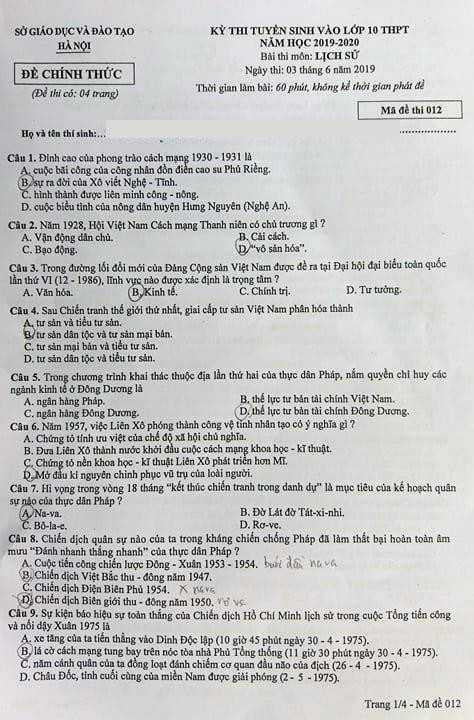Chi tiết đề thi môn Lịch sử Tuyển sinh vào lớp 10 tại Hà Nội ảnh 1