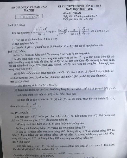 Đề thi chính thức môn Toán kỳ thi tuyển sinh vào lớp 10 của Hà Nội ảnh 1