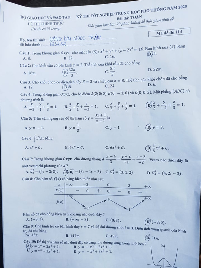 Đề thi chính thức môn Toán kỳ thi Tốt nghiệp Trung học phổ thông 2020 ảnh 1