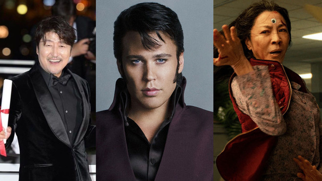 Từ trái: Các diễn viên Song Kang Ho (Người môi giới), Austin Butler trong tạo hình Elvis Presley và Dương Tử Quỳnh (Cuộc chiến đa vũ trụ). (Ảnh: Tổng hợp) Phim Hàn đoạt giải Cannes và phim về Elvis Presley lên rạp cùng ngày ảnh 1