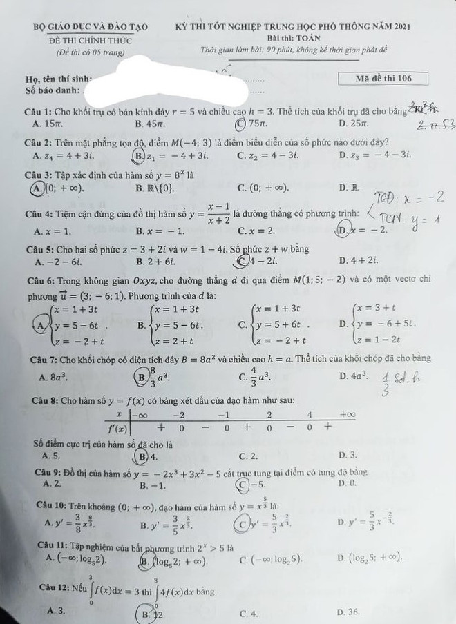 Đề thi chính thức môn Toán Kỳ thi tốt nghiệp THPT năm 2021 ảnh 2