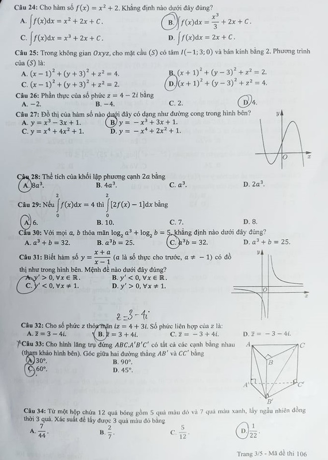 Đề thi chính thức môn Toán Kỳ thi tốt nghiệp THPT năm 2021 ảnh 4