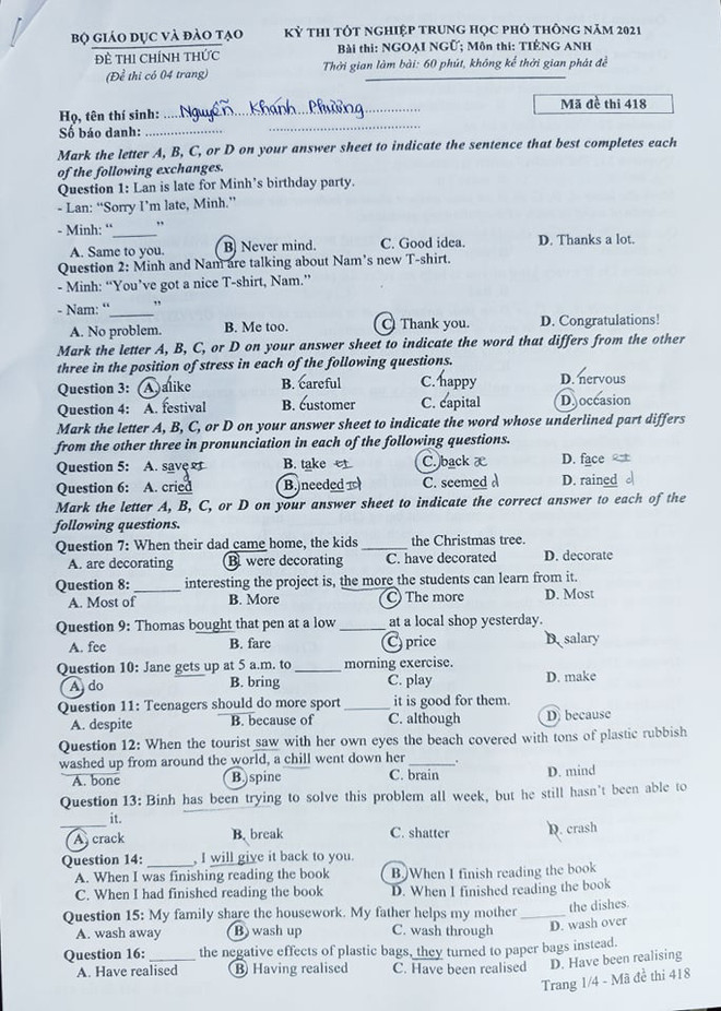 Đề thi môn Ngoại ngữ Kỳ thi tốt nghiệp trung học phổ thông năm 2021 ảnh 2