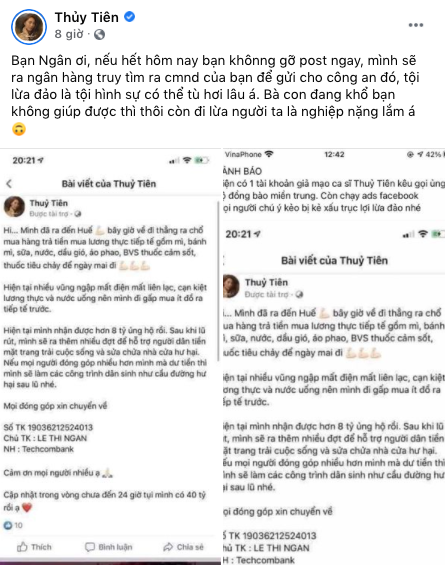Dòng trạng thái chia sẻ của Thủy Tiên. (Ảnh: Facebook) Lợi dụng Thủy Tiên để trục lợi, kẻ lừa đảo có thể nhận án chung thân ảnh 2