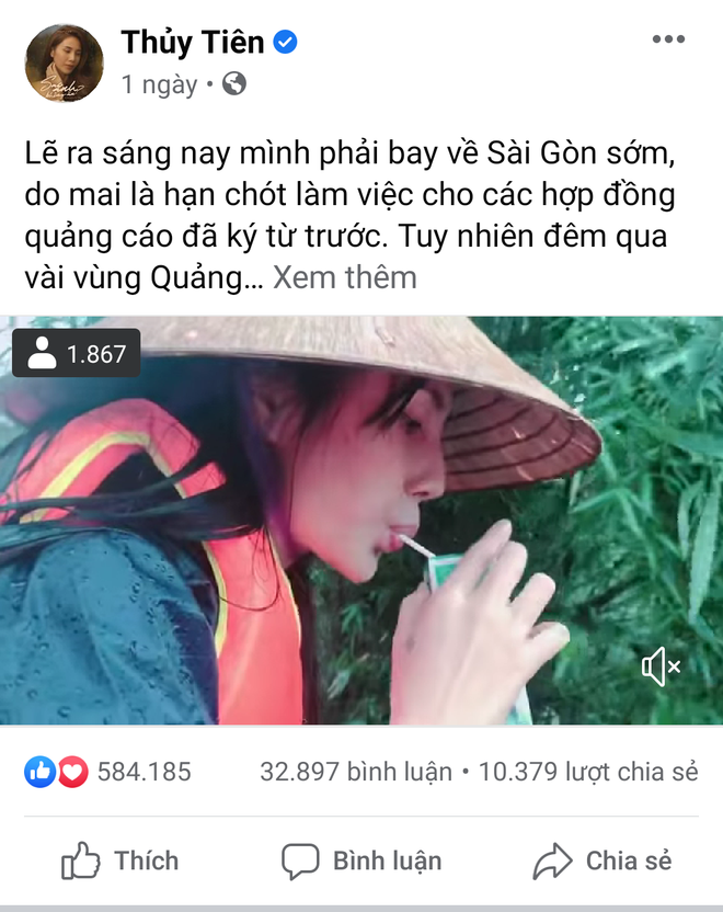 Hình ảnh Thủy Tiên uống vội hộp sữa trong khi đi làm từ thiện. Tài khoản của Thủy Tiên có tích xanh chính chủ. (Ảnh: Facebook) Lợi dụng Thủy Tiên để trục lợi, kẻ lừa đảo có thể nhận án chung thân ảnh 1