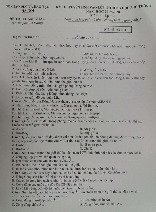 Đề thi minh họa vào lớp 10 môn Lịch sử của Sở Giáo dục Hà Nội ảnh 2