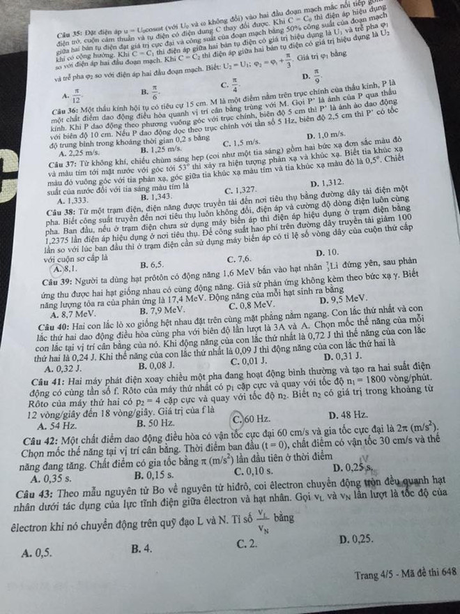Đề thi chính thức môn Vật lý kỳ thi THPT quốc gia 2016 ảnh 4