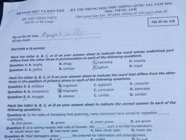 Đề thi môn Ngoại ngữ kỳ thi trung học phổ thông quốc gia ảnh 1