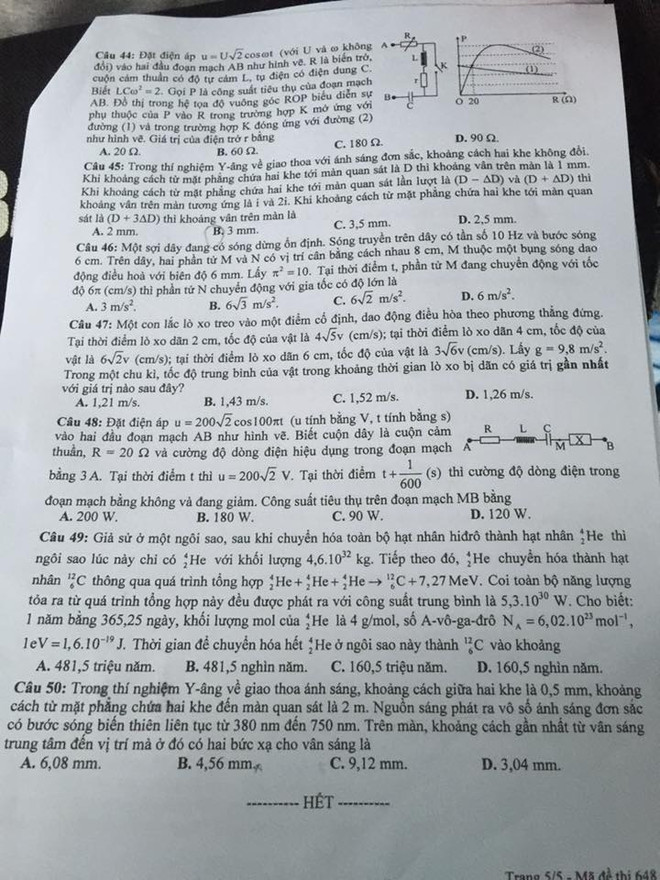 Đề thi chính thức môn Vật lý kỳ thi THPT quốc gia 2016 ảnh 5