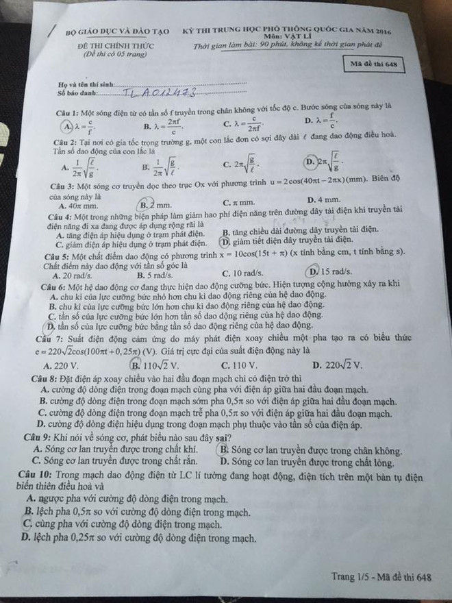 Đề thi chính thức môn Vật lý kỳ thi THPT quốc gia 2016 ảnh 1