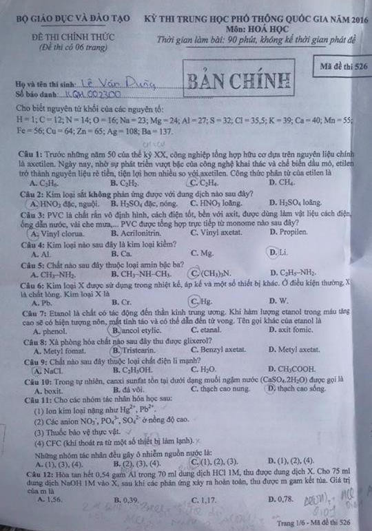 Gợi ý đáp án đề thi môn Hóa học kỳ thi THPT quốc gia ảnh 3