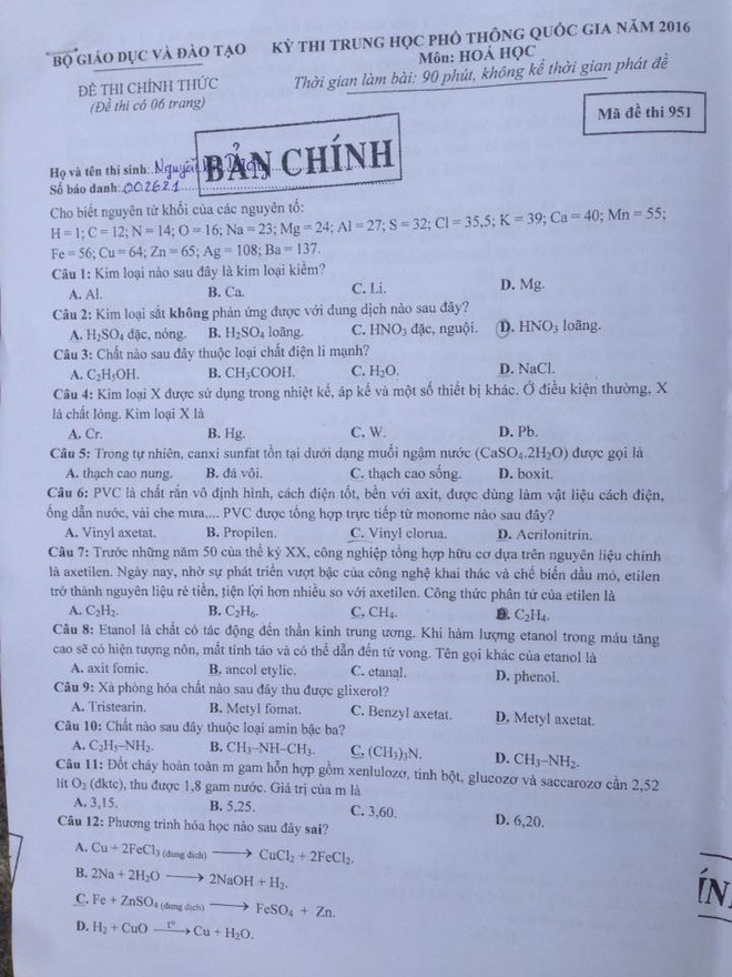Đề thi chính thức môn Hoá học kỳ thi THPT quốc gia 2016 ảnh 2