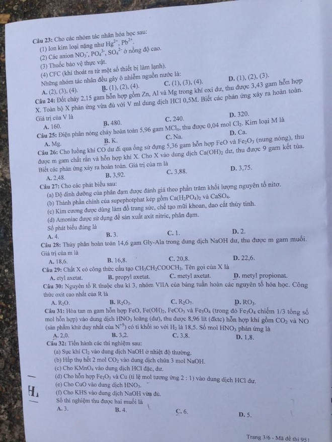 Đề thi chính thức môn Hoá học kỳ thi THPT quốc gia 2016 ảnh 4