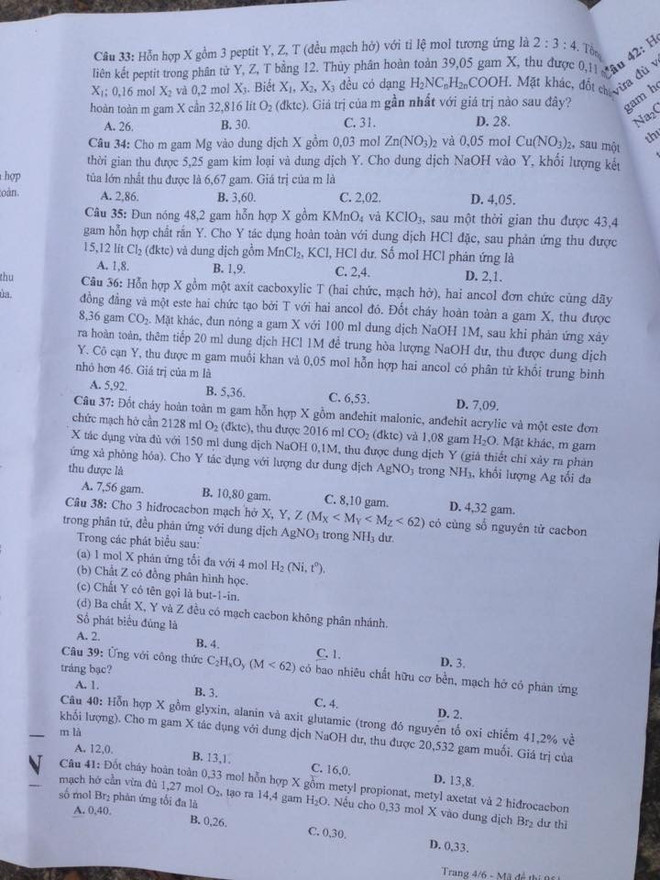 Đề thi chính thức môn Hoá học kỳ thi THPT quốc gia 2016 ảnh 5