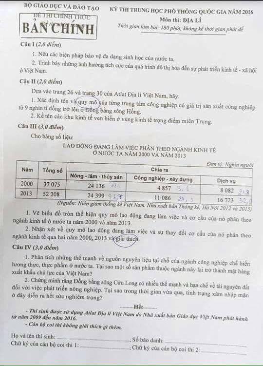Đề thi chính thức môn Địa lý kỳ thi THPT quốc gia 2016 ảnh 1