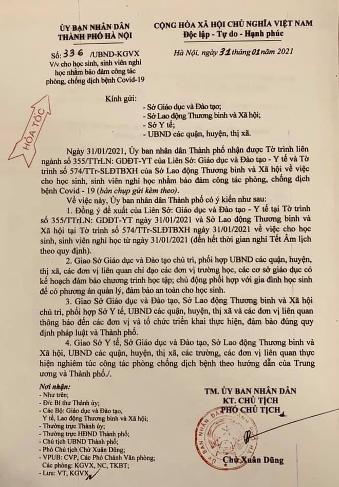 Học sinh Hà Nội nghỉ từ ngày 1/2 để phòng, chống COVID-19 ảnh 2
