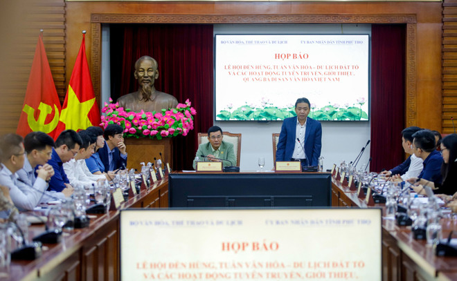 Quang cảnh buổi họp báo. (Ảnh: Nam Nguyễn/Vietnam+) Trình diễn 15 Di sản Văn hóa Phi vật thể được UNESCO tôn vinh ảnh 2