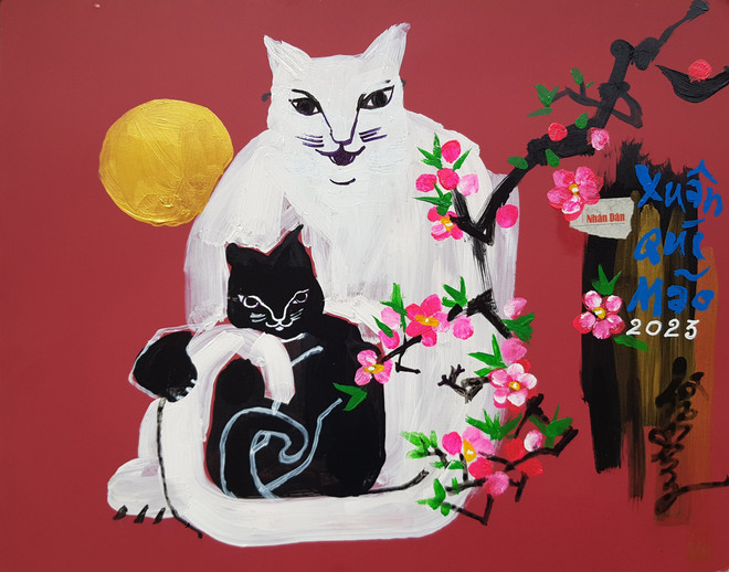 Tác phẩm 'Tình mẹ', acrylic trên bìa cáctông, của tác giả Lê Trí Dũng. Cuộc hội ngộ của các linh vật Mèo độc bản trước thềm Xuân Quý Mão ảnh 4