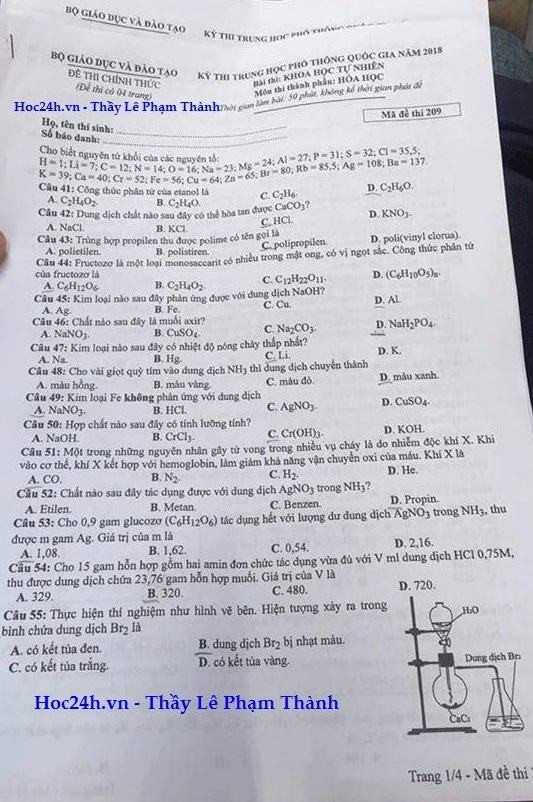Đề thi chính thức môn Hóa học kỳ thi trung học phổ thông quốc gia ảnh 2