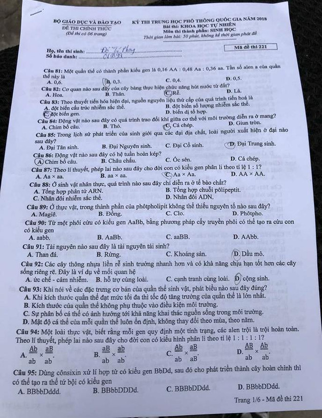 Đề thi chính thức môn Sinh học kỳ thi THPT quốc gia 2018 ảnh 2
