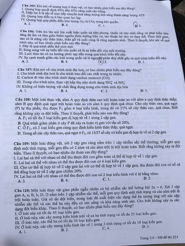 Đề thi chính thức môn Sinh học kỳ thi THPT quốc gia 2018 ảnh 4