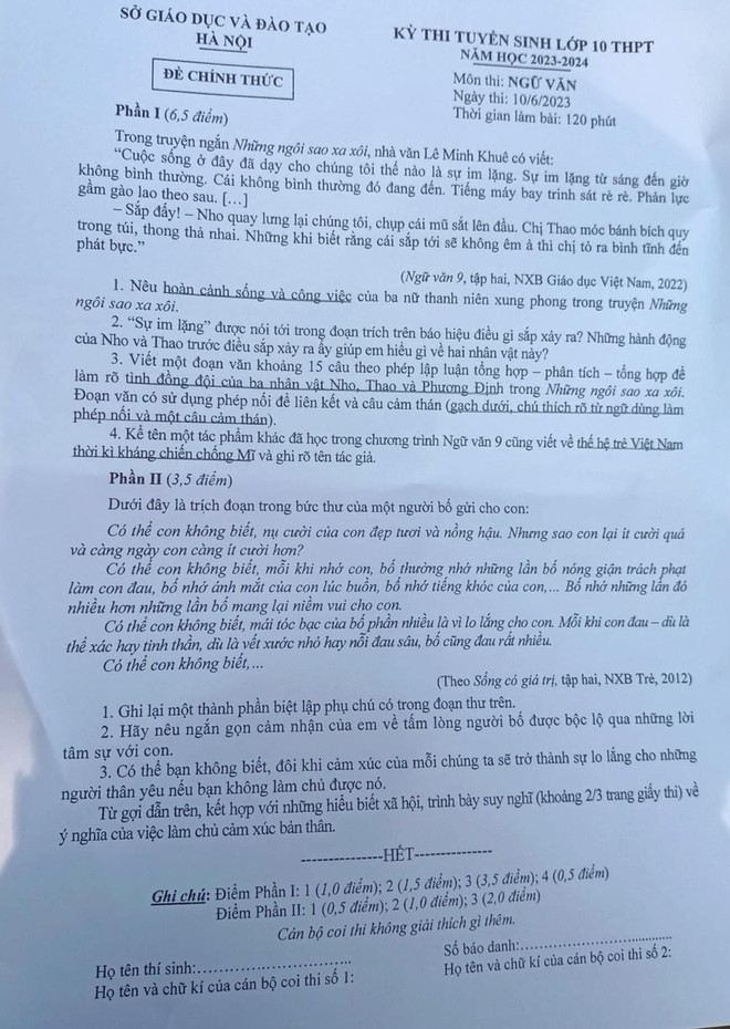 Đề thi chính thức môn Ngữ văn kỳ thi tuyển sinh vào lớp 10 của Hà Nội ảnh 2