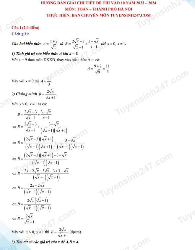 Gợi ý đáp án đề môn Toán kỳ thi tuyển sinh vào lớp 10 của Hà Nội ảnh 2